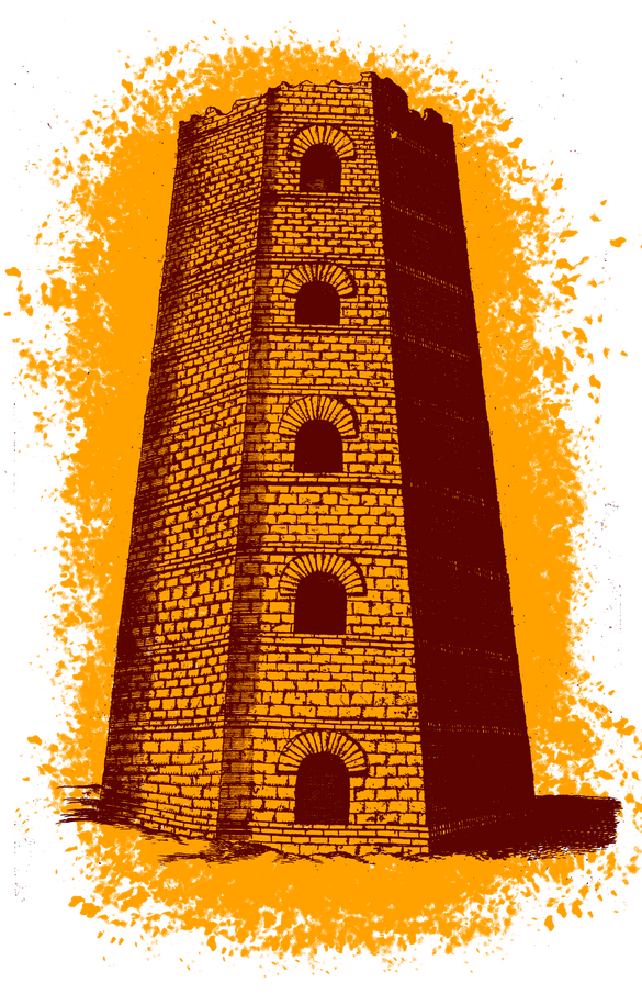 Traitors Tower A red and yellow illustration of a tower. Symbolising the Traitors tower.